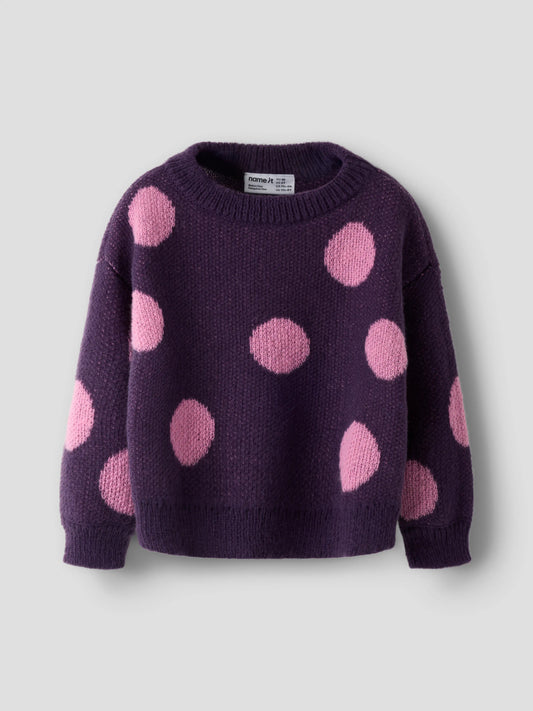 Name It Olisa mörklila stickad tröja mini flicka med stora rosa prickar