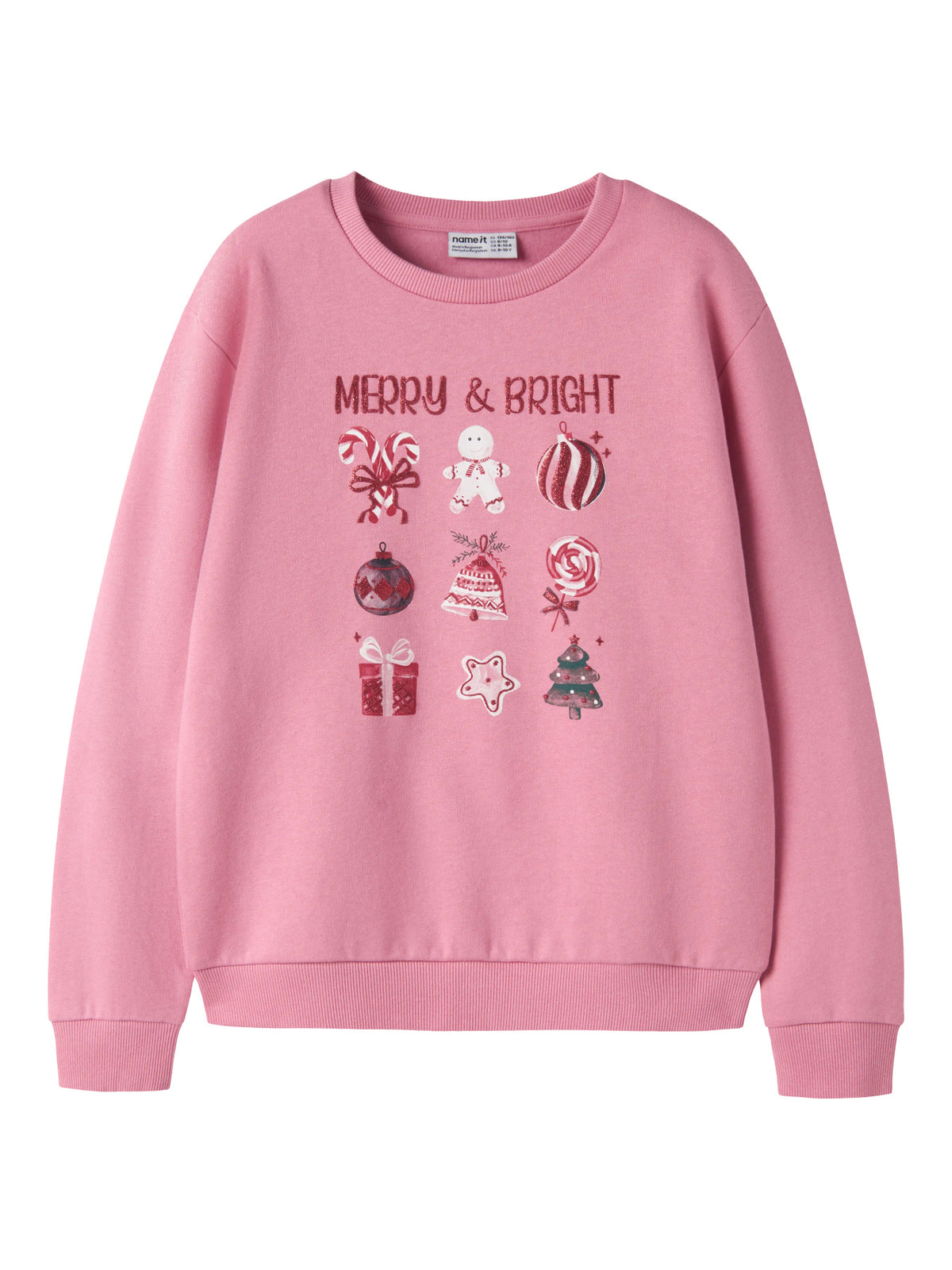 Name It Rambam rosa jultröja flicka med Merry & Bright julmotiv och glitter