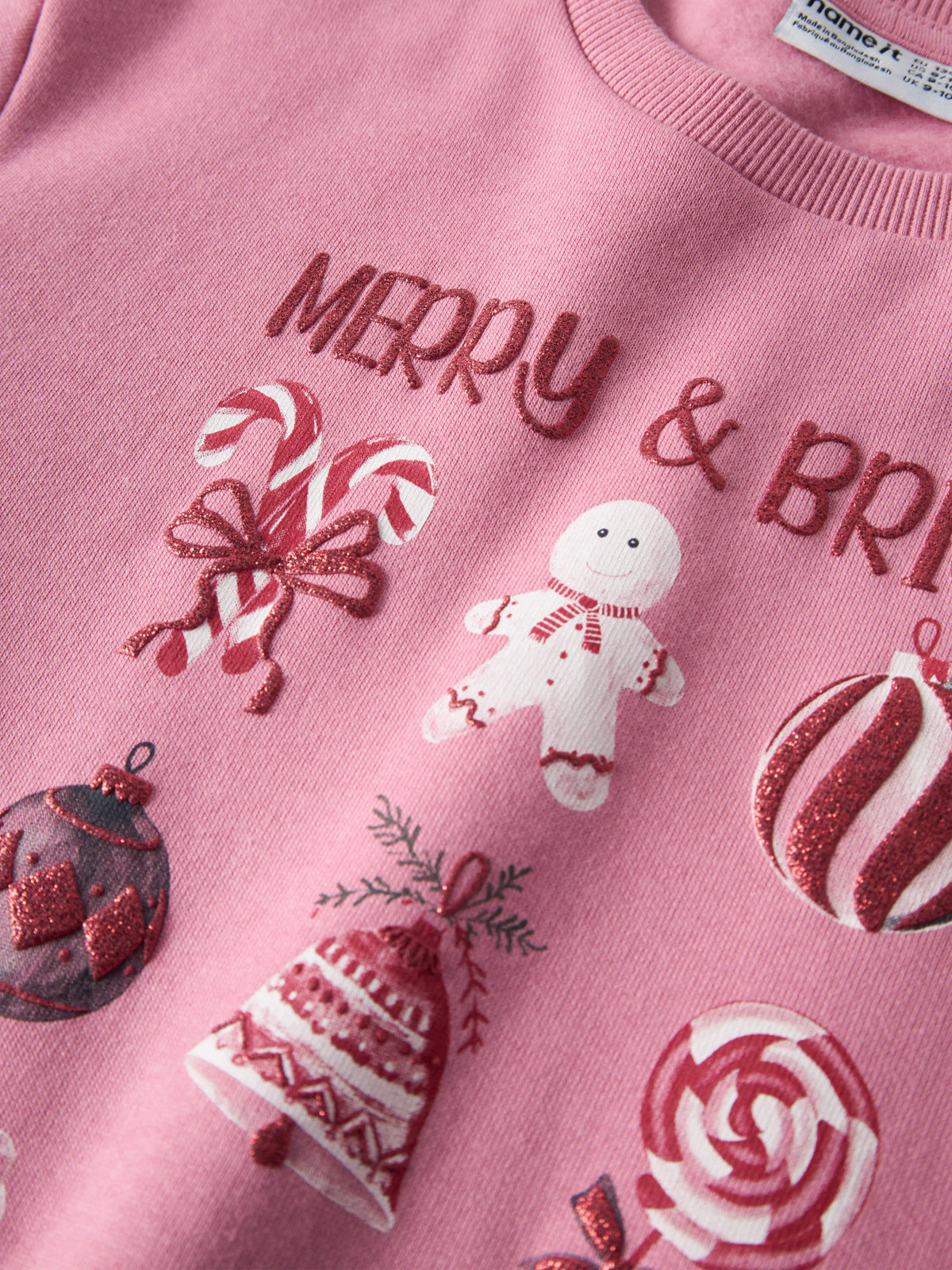 Name It Rambam rosa jultröja flicka med Merry & Bright julmotiv och glitter