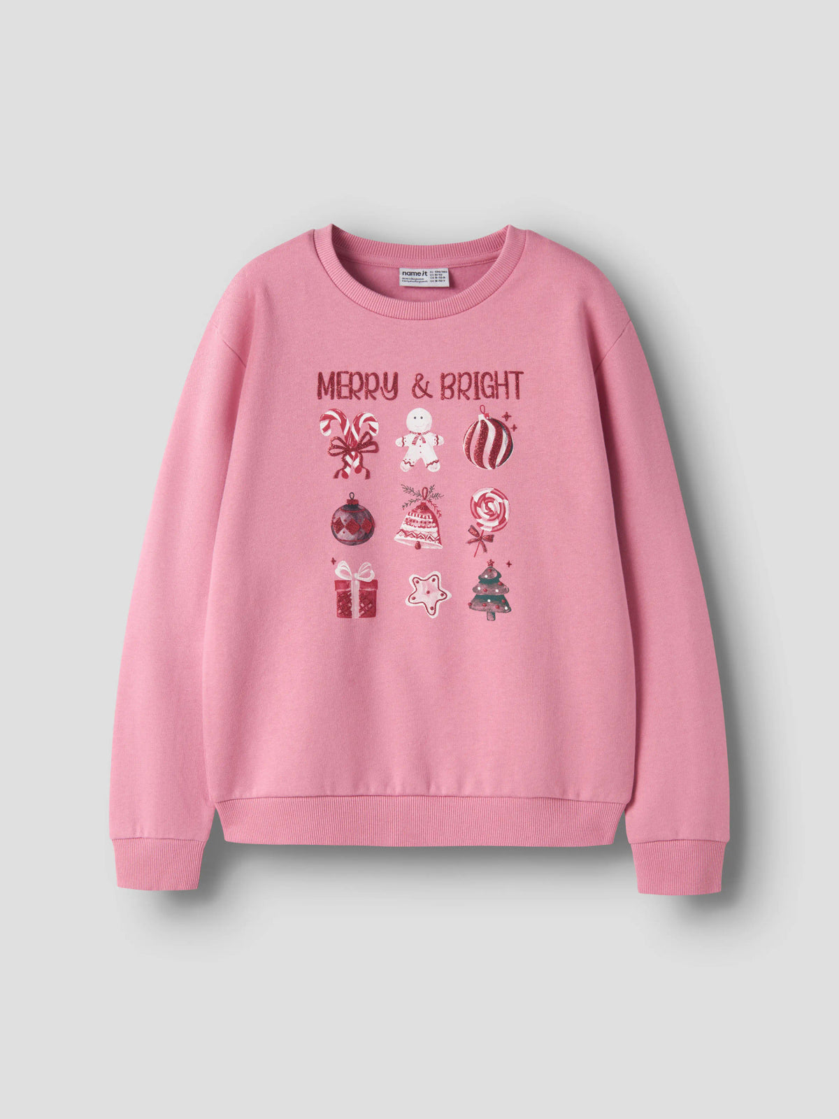 Name It Rambam rosa jultröja flicka med Merry & Bright julmotiv och glitter