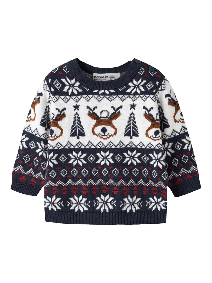 Name It Rismas marinblå stickad jultröja baby unisex med renar granar och snöflingor