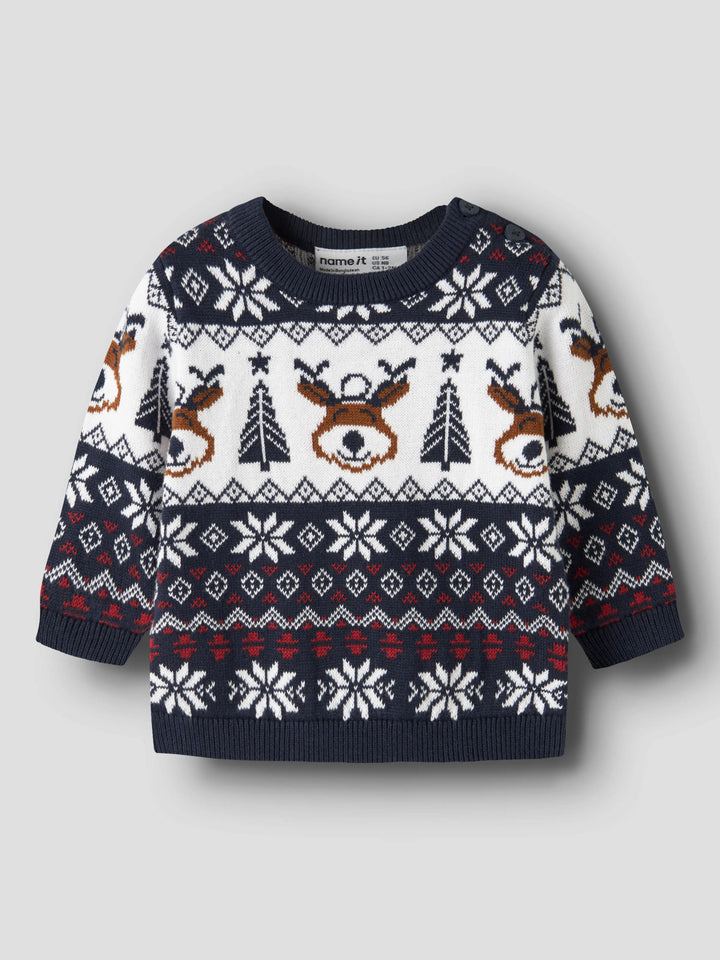 Name It Rismas marinblå stickad jultröja baby unisex med renar granar och snöflingor
