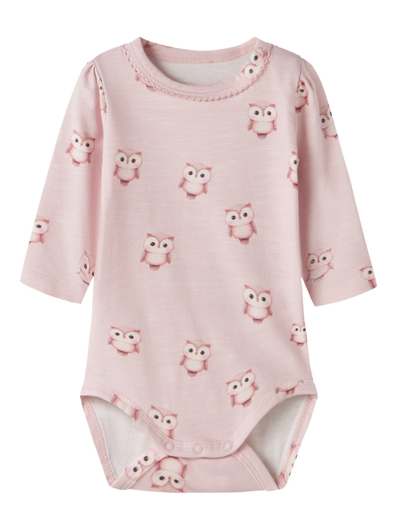 Name It Netie rosa långärmad body i ekologisk bomull med ugglor för babyflicka.