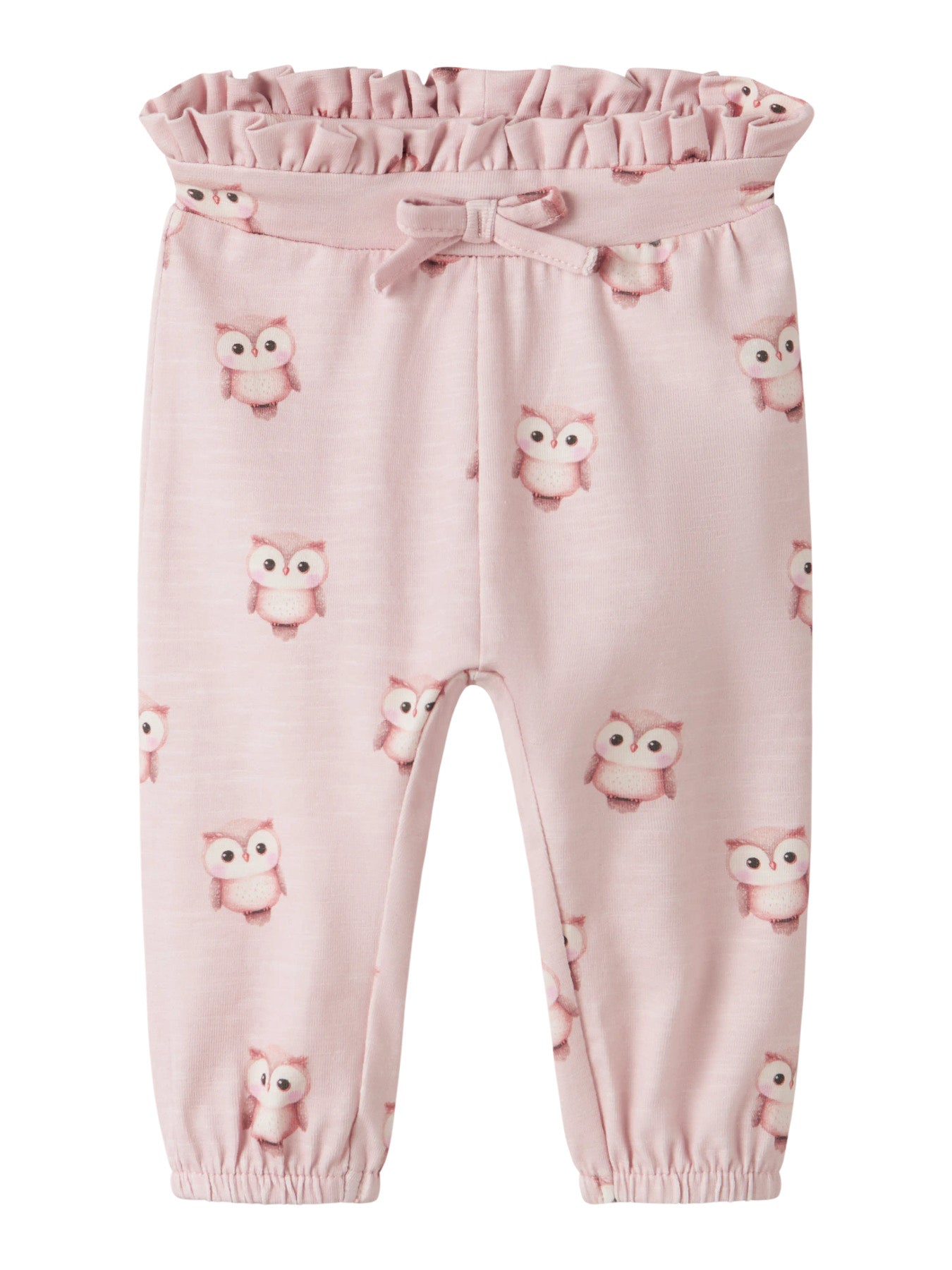 Name It Netie ljusrosa babybyxa i färgen Lotus med ugglemönster, volangmidja och rosett för flicka