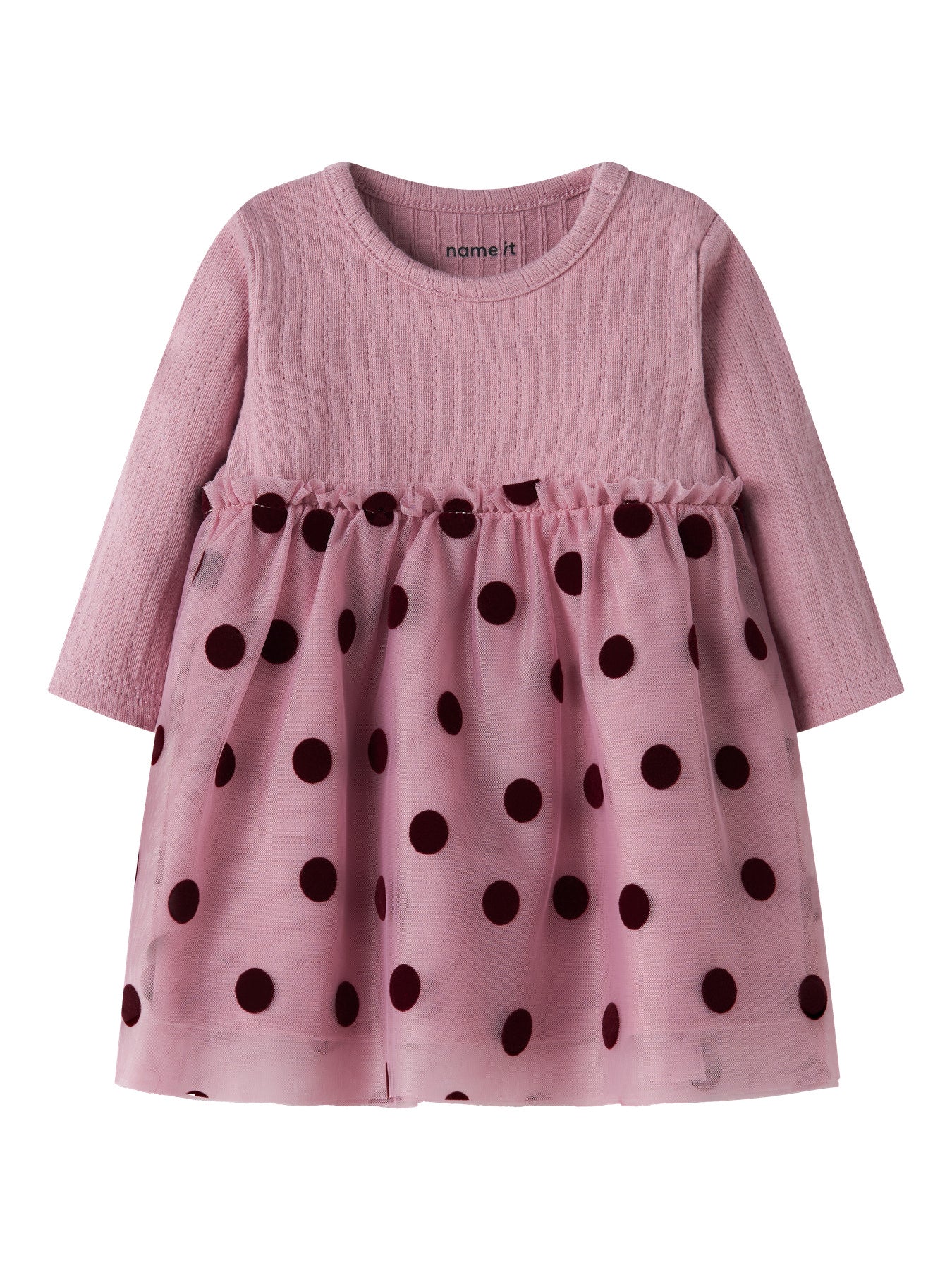 Name It Nagina rosa babyklänning till flicka med lång ärm och prickig tyllkjol.