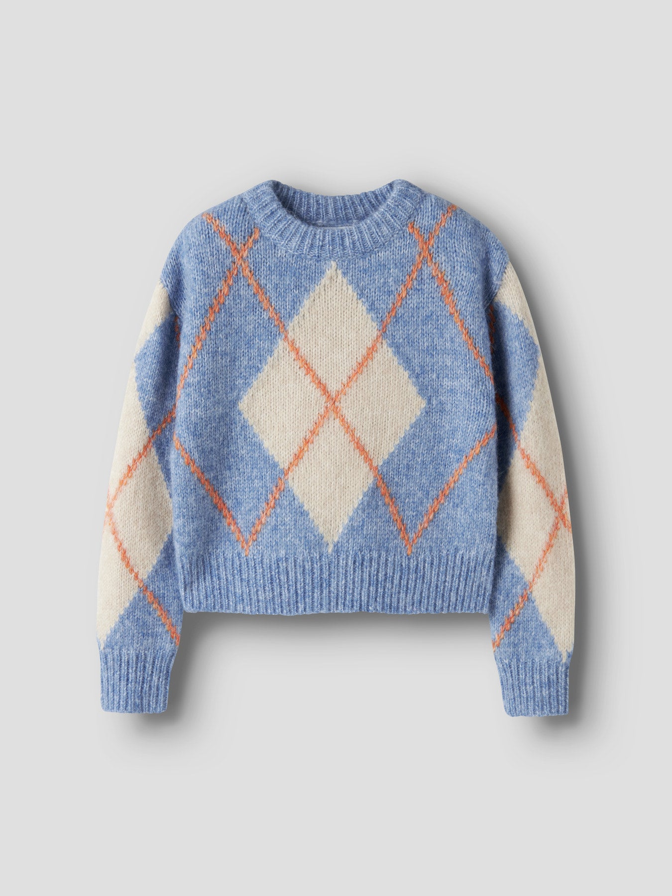 Name It Noreen stickad tröja ljusblå  med beige och orange rutmönster för kids flicka