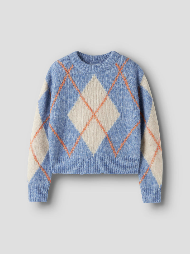 Name It Noreen stickad tröja ljusblå  med beige och orange rutmönster för kids flicka