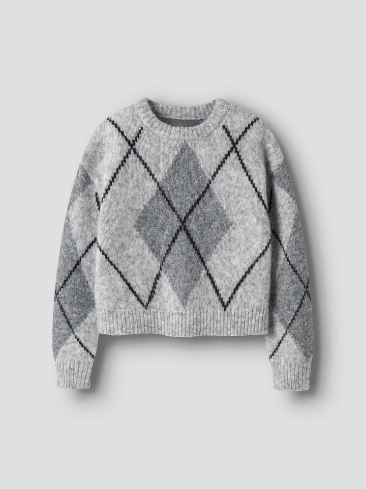 Name It Noreen stickad tröja Light Grey Melange med grått rutmönster för kids flicka