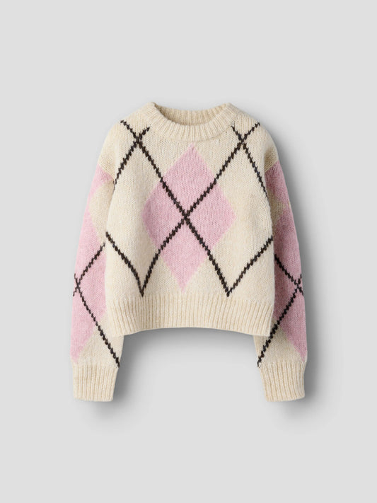 Name It Noreen stickad tröja Provence med rosa och creme rutmönster för kids flicka