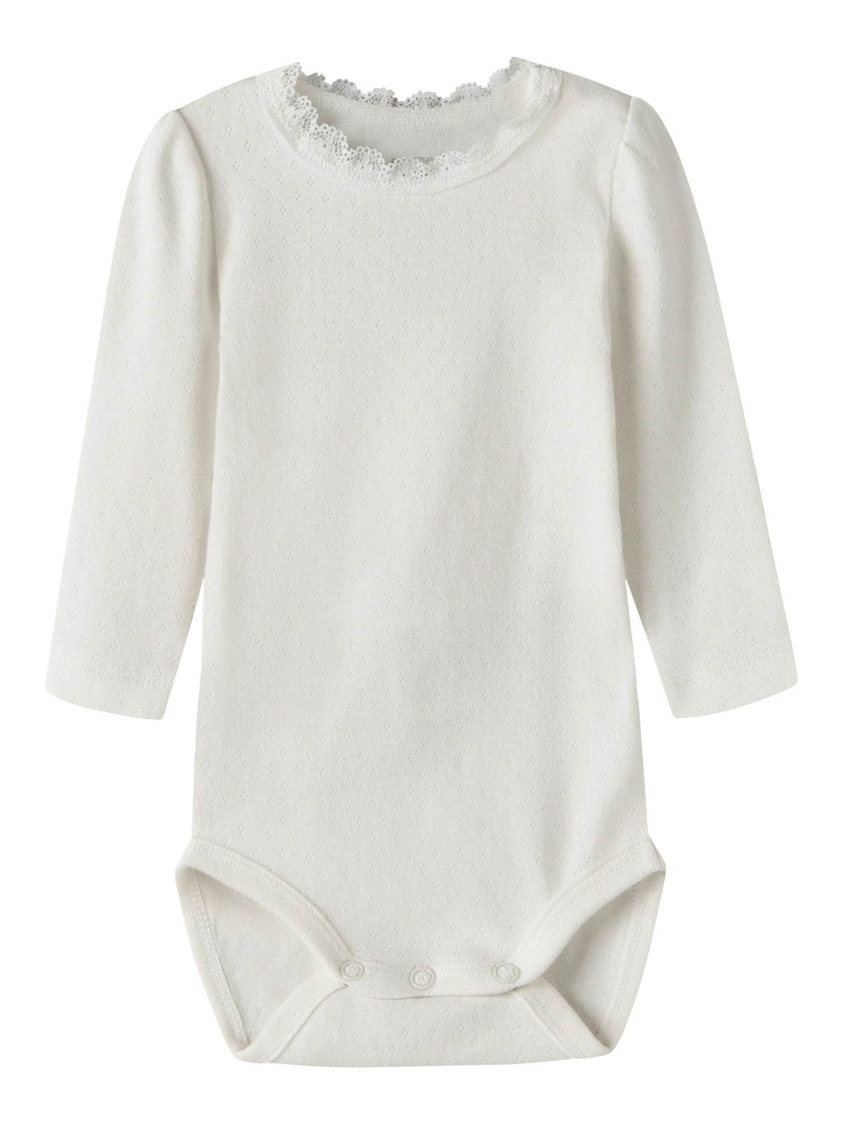 Name It Nia vit långärmad babybody med spetskant till nyfödd flicka.