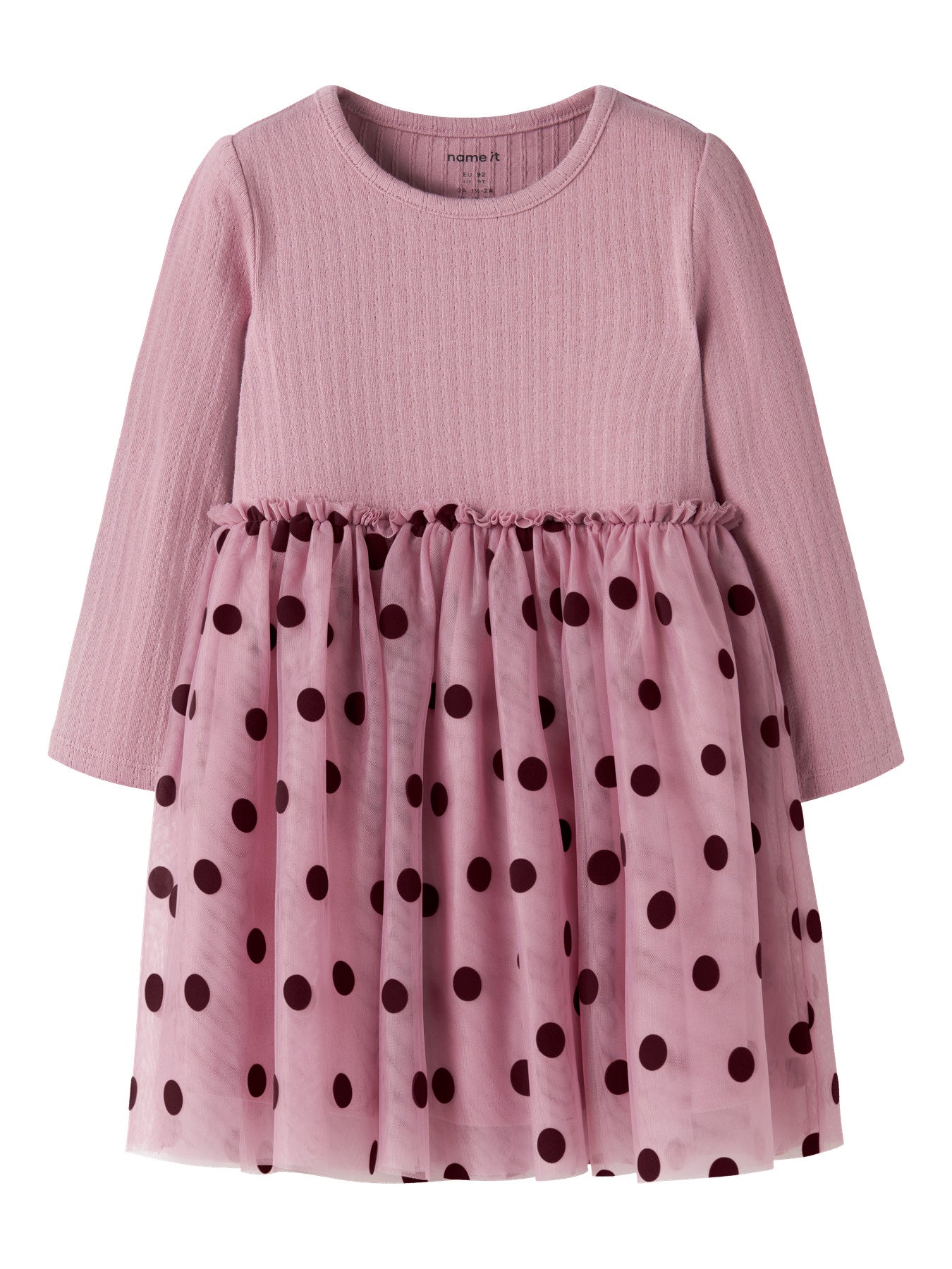Name It Nagina rosa tyllklänning för flicka mini med lång ärm och mörka prickar, 13259504