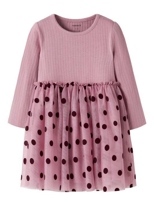 Name It Nagina rosa tyllklänning för flicka mini med lång ärm och mörka prickar, 13259504