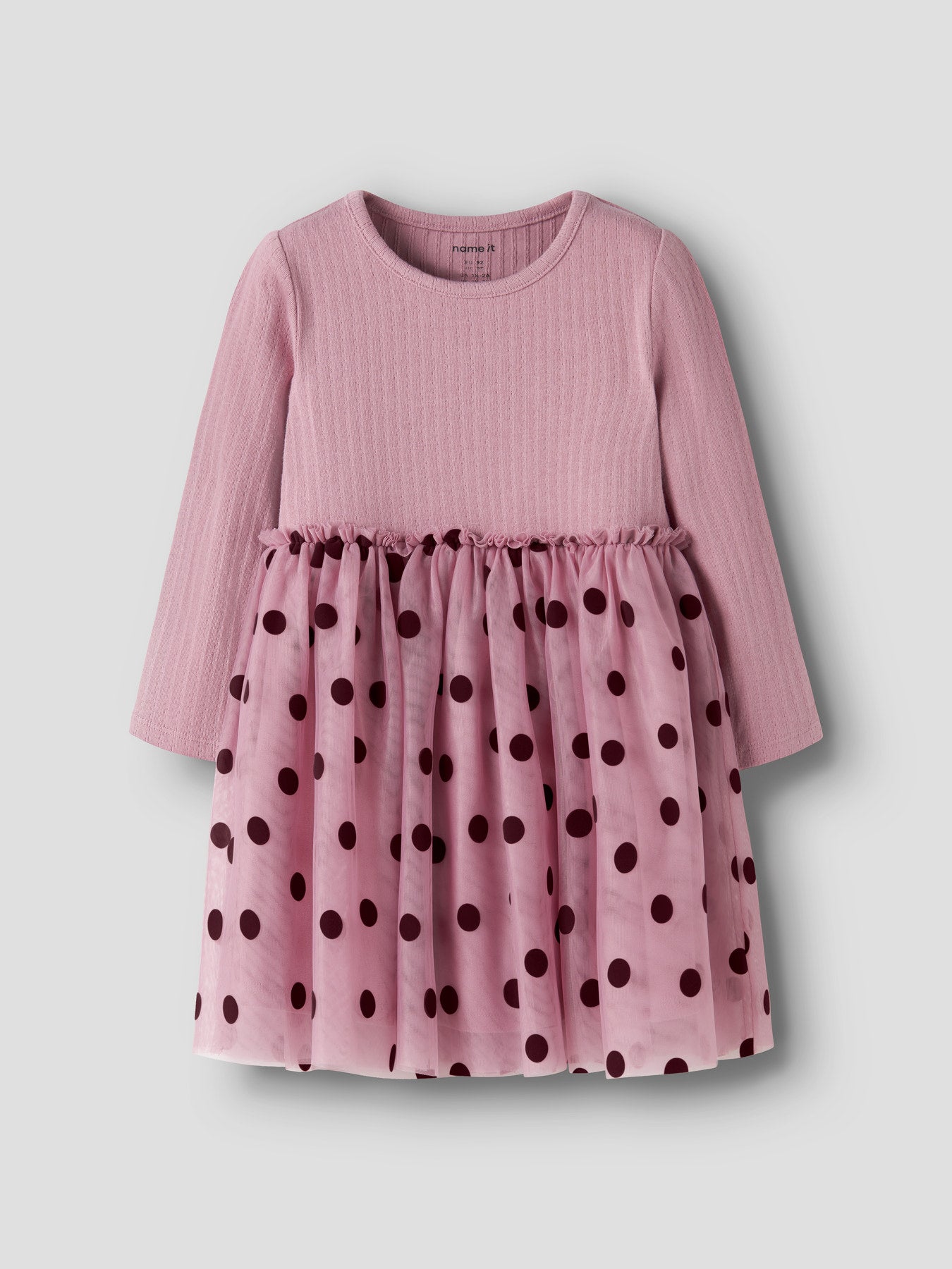 Name It Nagina rosa tyllklänning för flicka mini med lång ärm och mörka prickar, 13259504
