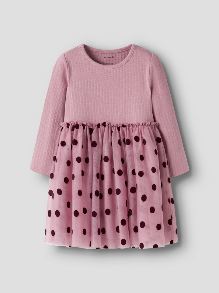 Name It Nagina rosa tyllklänning för flicka mini med lång ärm och mörka prickar, 13259504