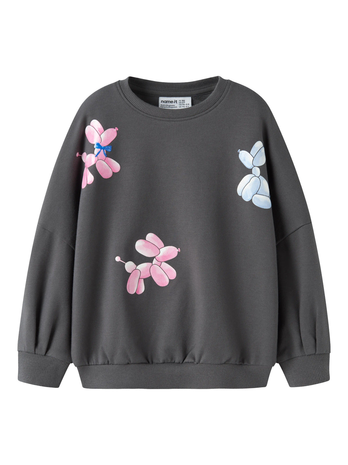 Mörkgrå lång sweatshirt för flicka från Name It med rosa och blå ballonghundar.