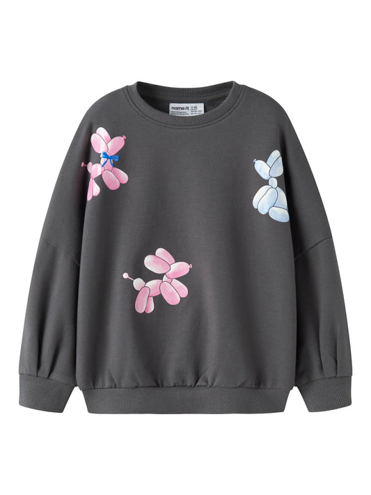 Mörkgrå lång sweatshirt för flicka från Name It med rosa och blå ballonghundar.