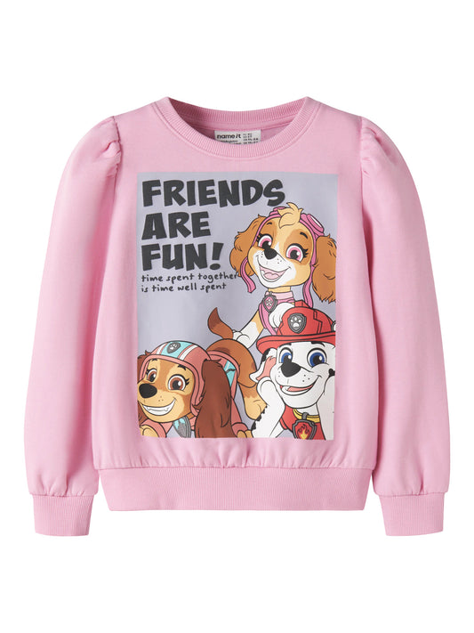 Name It Arina Paw Patrol sweatshirt  till flicka i rosa med Skye, Marshall och Liberty på framsidan.