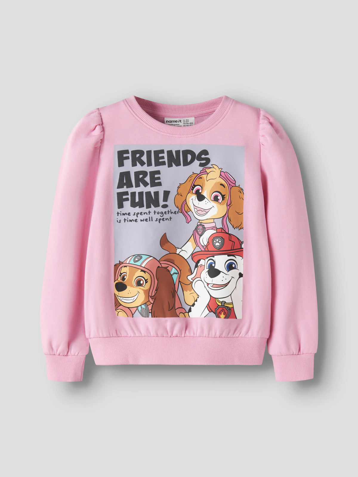 Name It Arina Paw Patrol sweatshirt  till flicka i rosa med Skye, Marshall och Liberty på framsidan.