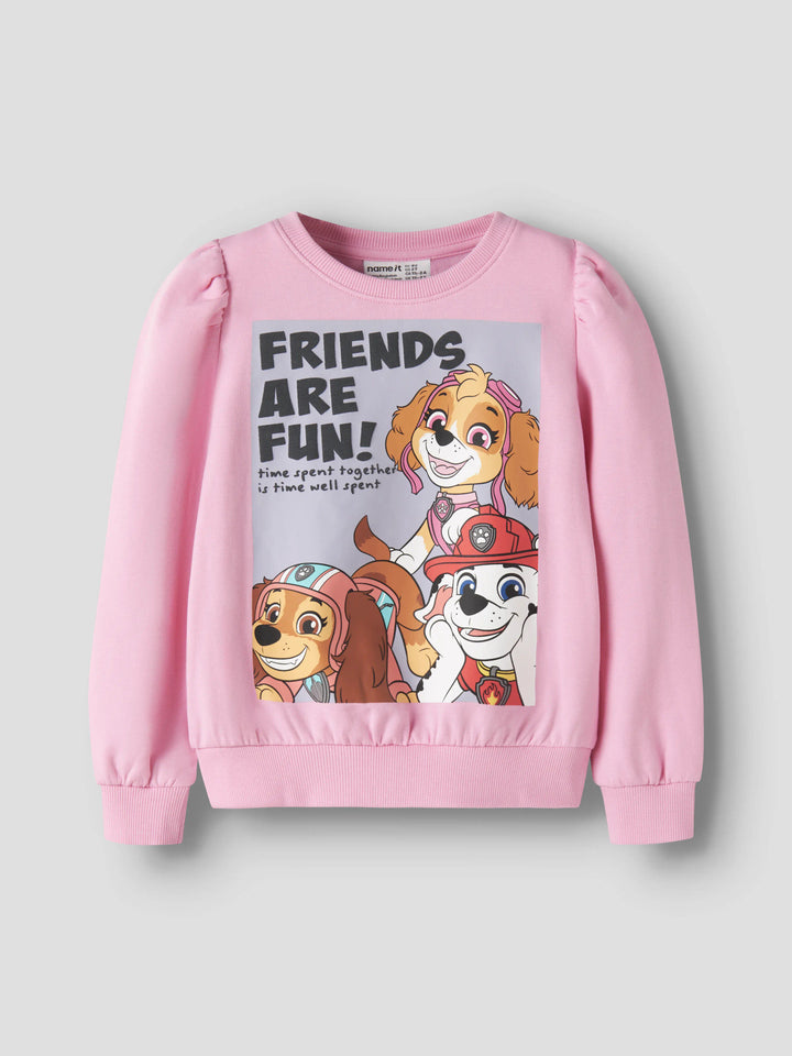 Name It Arina Paw Patrol sweatshirt  till flicka i rosa med Skye, Marshall och Liberty på framsidan.