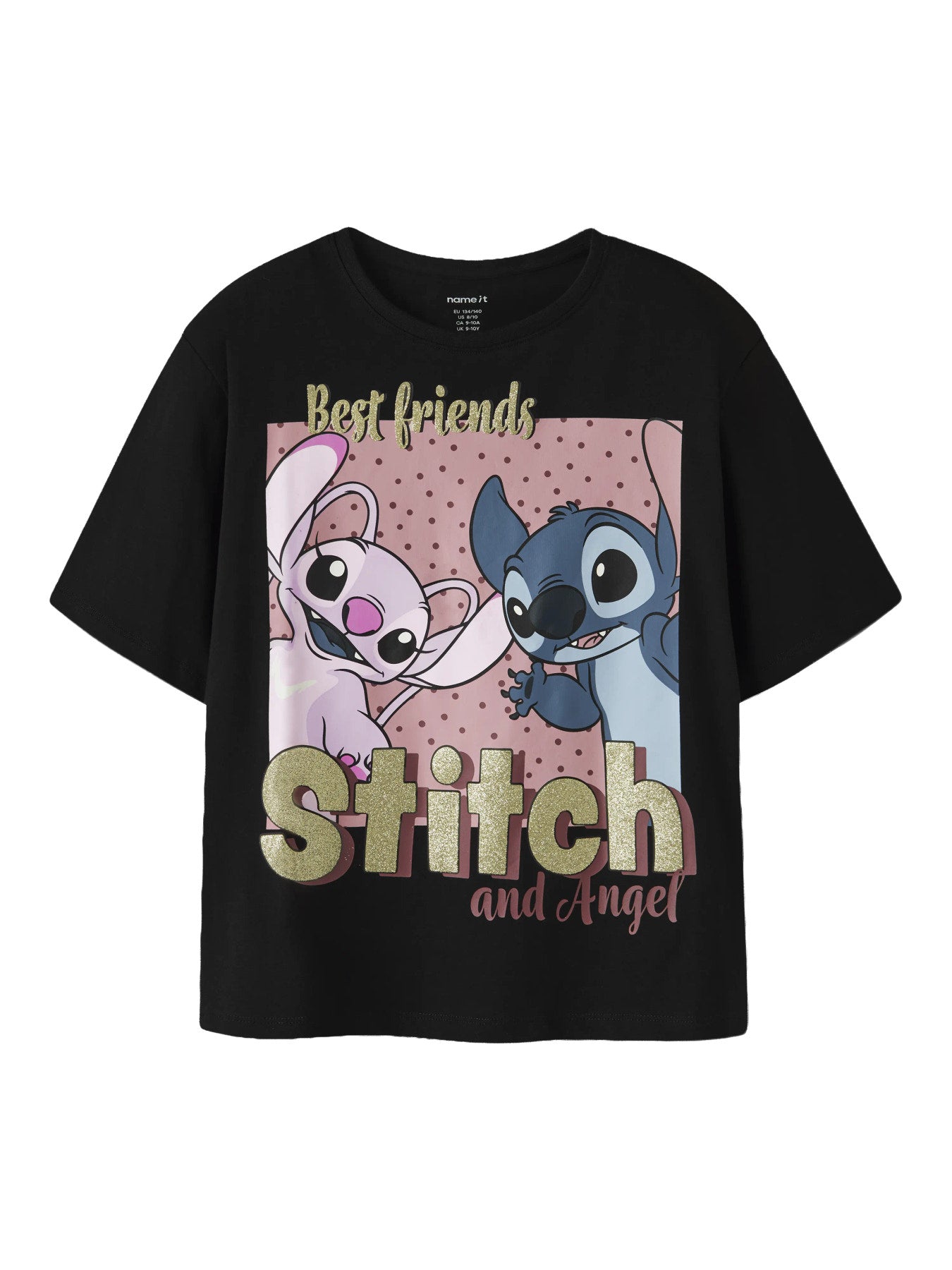 Name It Adara svart t-shirt med Disney Stitch och Angel samt glittertryck för kids flicka.