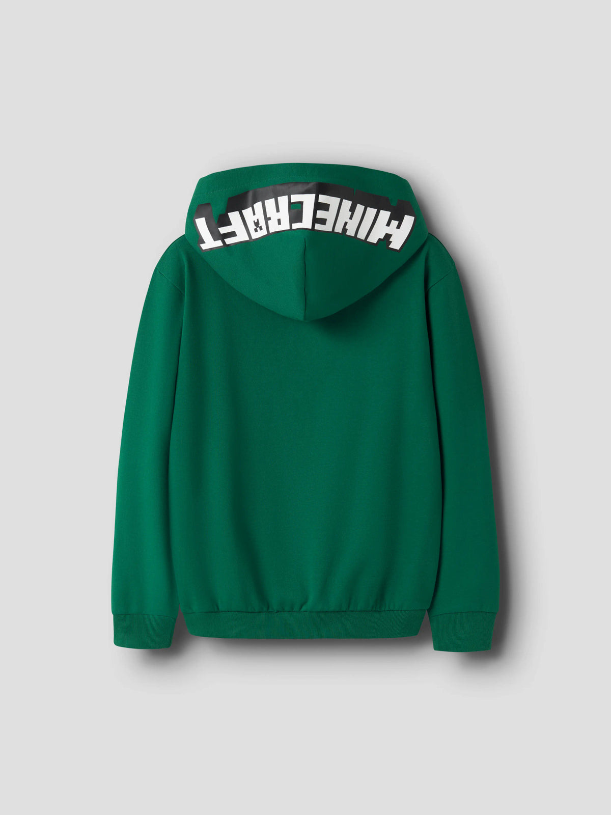 Baksida av grön Minecraft-hoodie med Minecraft-logga på huvan