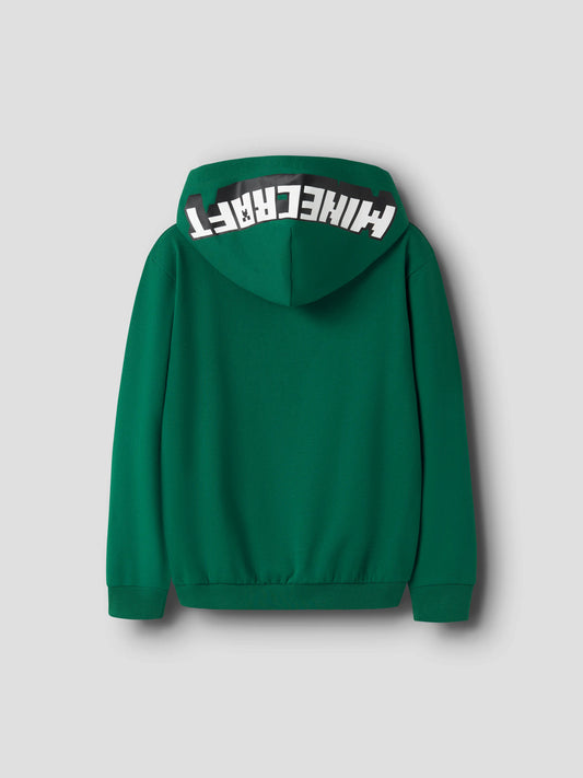 Baksida av grön Minecraft-hoodie med Minecraft-logga på huvan