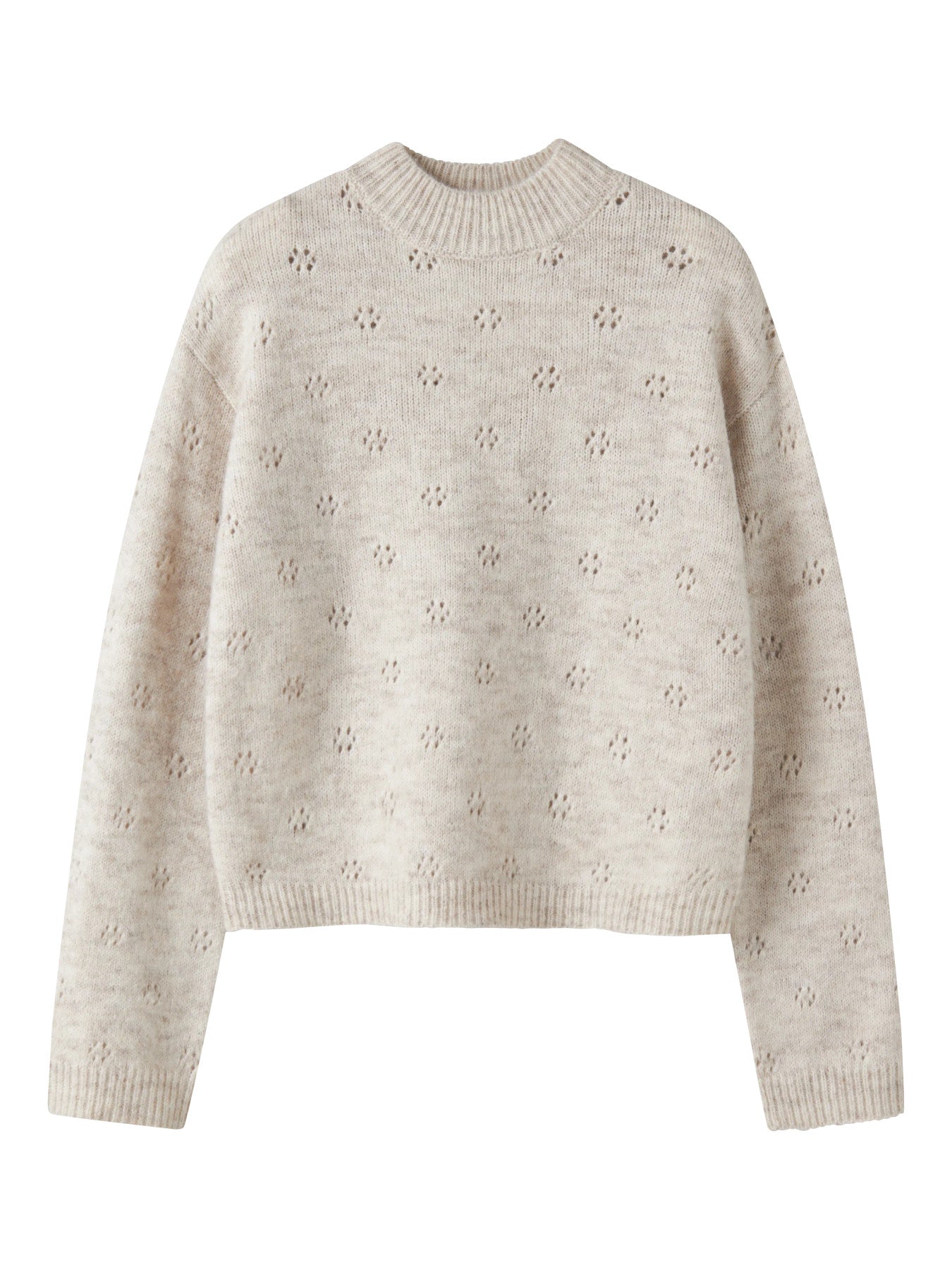 LMTD Namelyn kort stickad tröja ungdom flicka oatmeal beige med hålstickat mönster