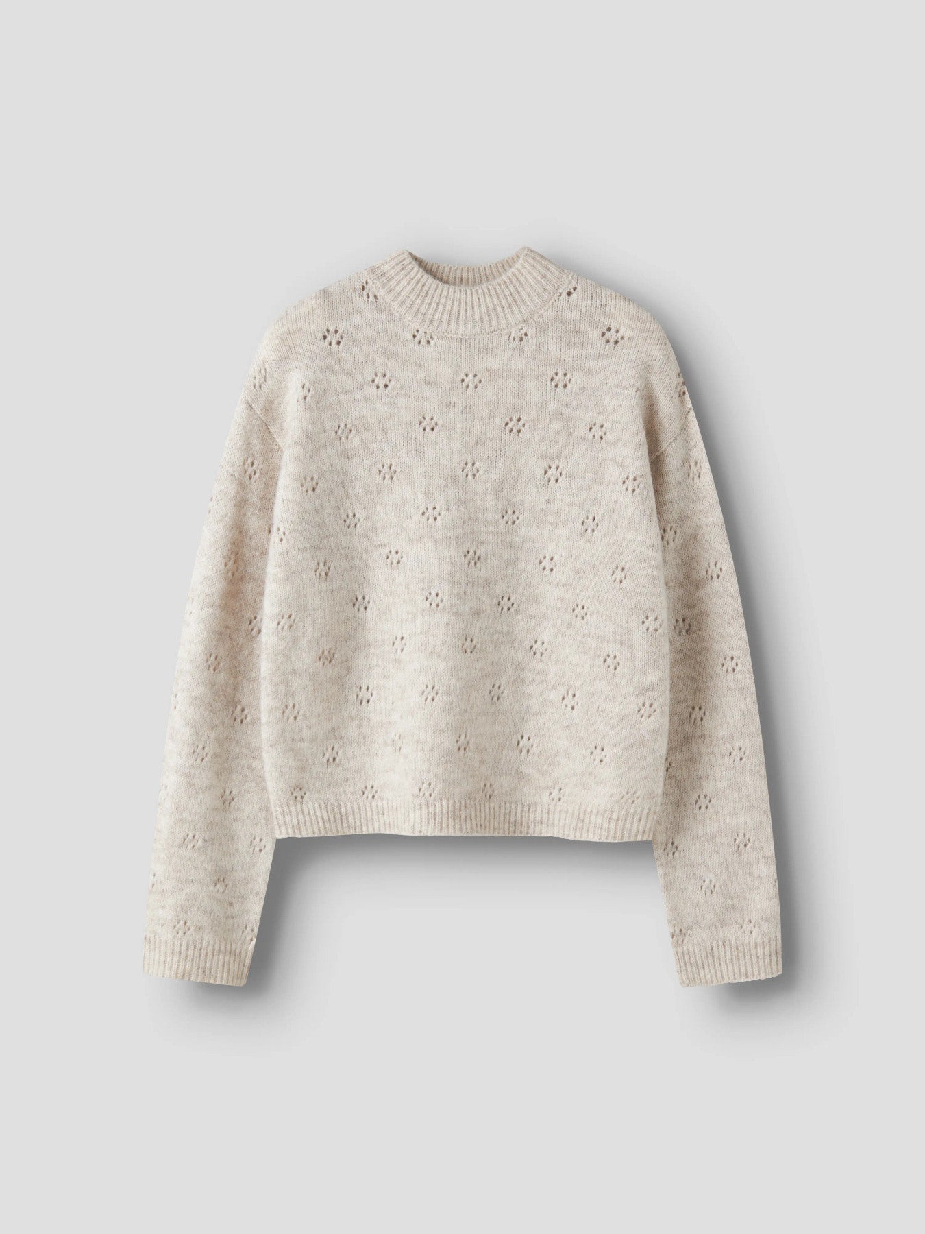 LMTD Namelyn kort stickad tröja ungdom flicka oatmeal beige med hålstickat mönster