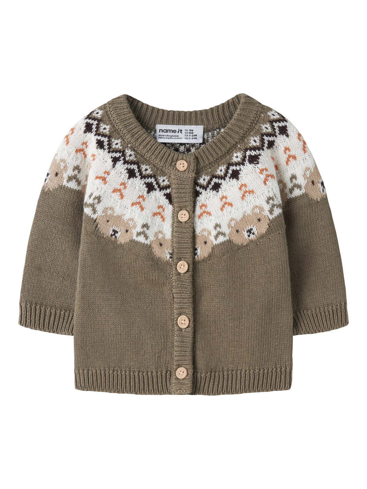 Name It Osmane stickad cardigan baby pojke Mermaid grönbrun med björnmönster i ekologisk bomull