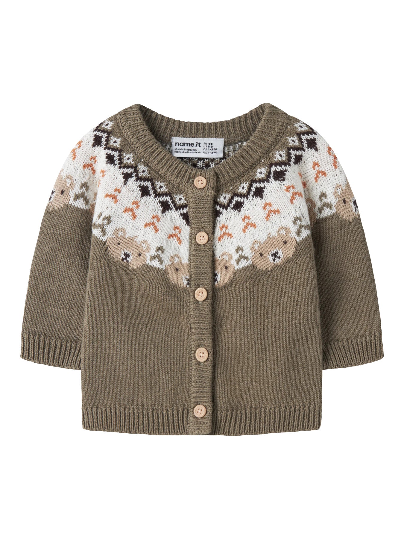 Name It Osmane stickad cardigan baby pojke Mermaid grönbrun med björnmönster i ekologisk bomull