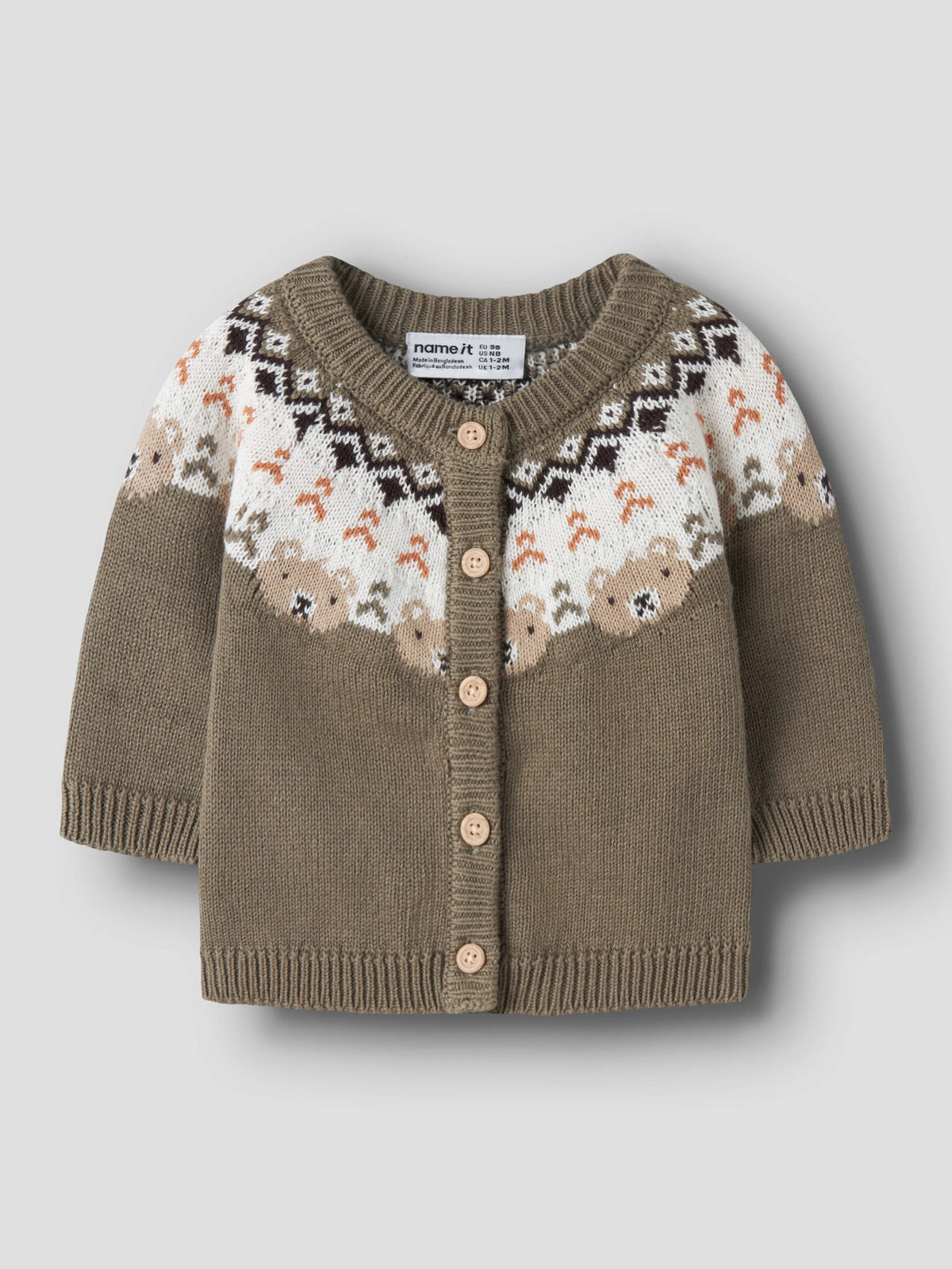 Name It Osmane stickad cardigan baby pojke Mermaid grönbrun med björnmönster i ekologisk bomull