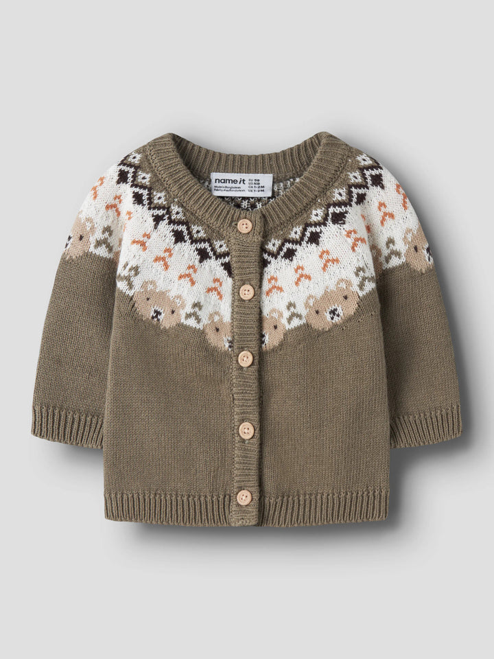Name It Osmane stickad cardigan baby pojke Mermaid grönbrun med björnmönster i ekologisk bomull
