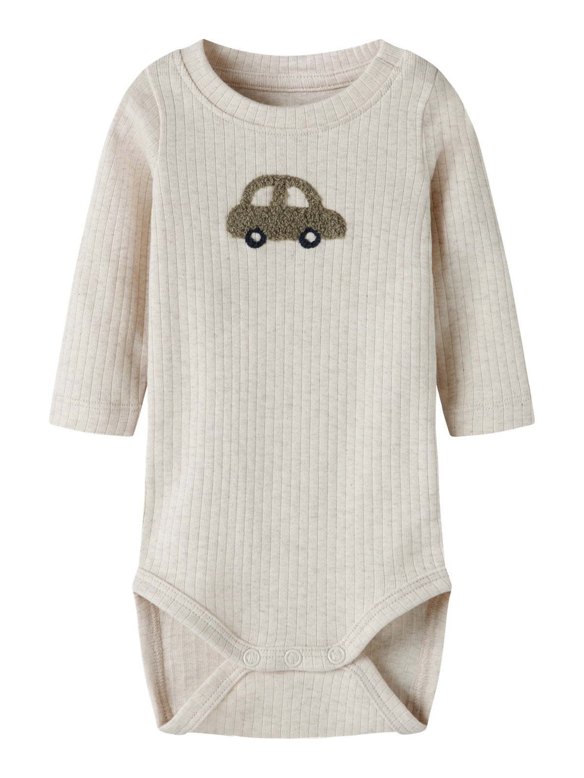Name It Olander beige ribbad babybody med broderad bil för pojke