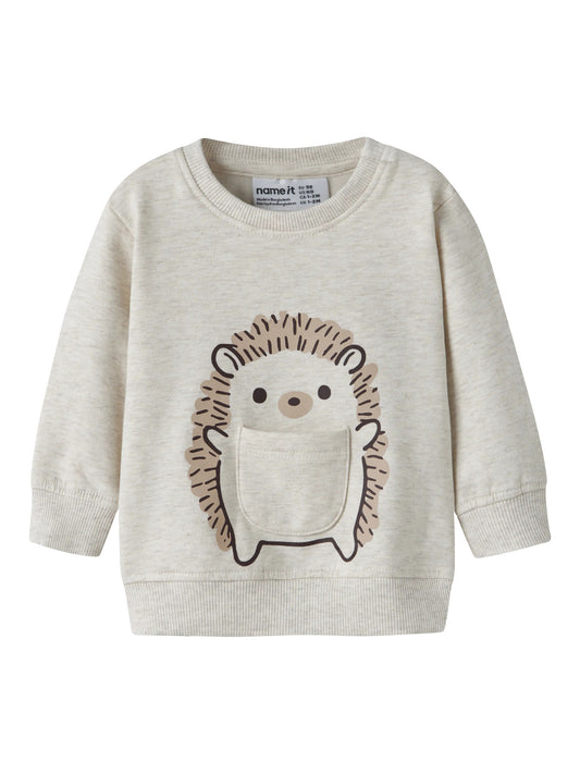 Name It Obbas sweatshirt baby unisex ljus melerad med igelkott och liten ficka