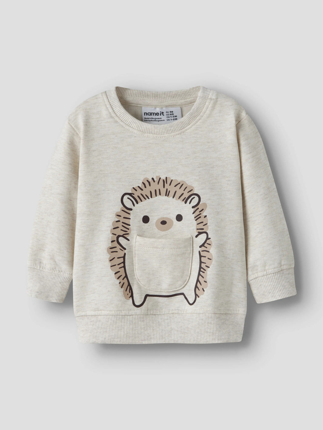 Name It Obbas sweatshirt baby unisex ljus melerad med igelkott och liten ficka