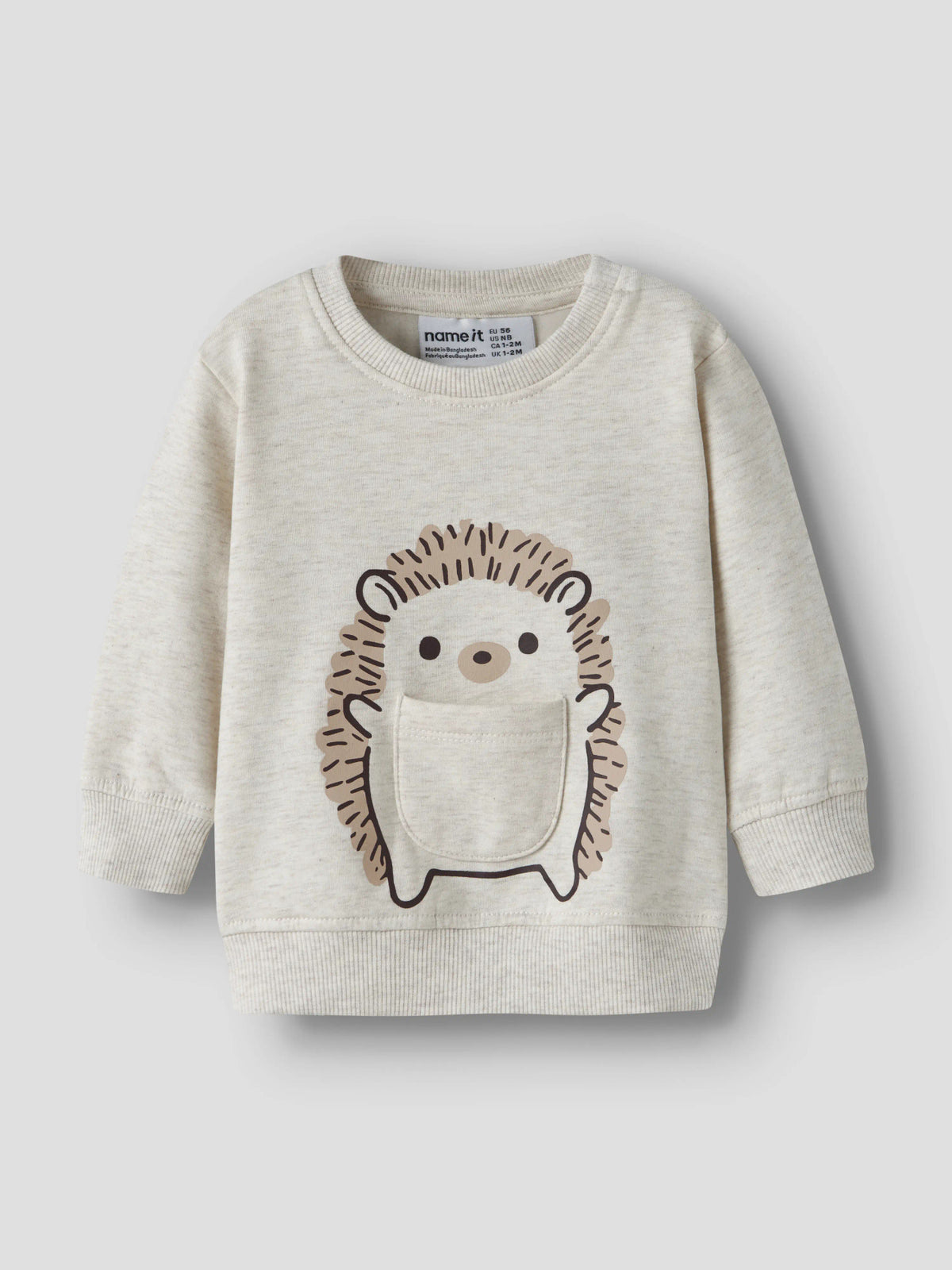 Name It Obbas sweatshirt baby unisex ljus melerad med igelkott och liten ficka