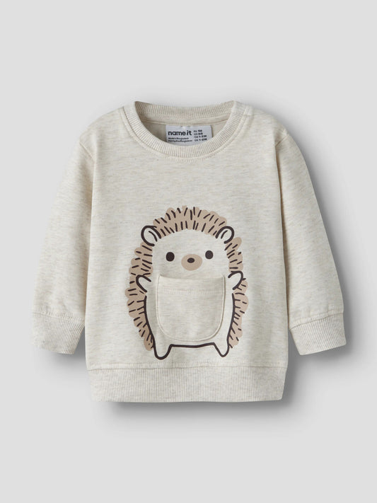Name It Obbas sweatshirt baby unisex ljus melerad med igelkott och liten ficka