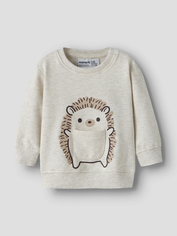 Name It Obbas sweatshirt baby unisex ljus melerad med igelkott och liten ficka