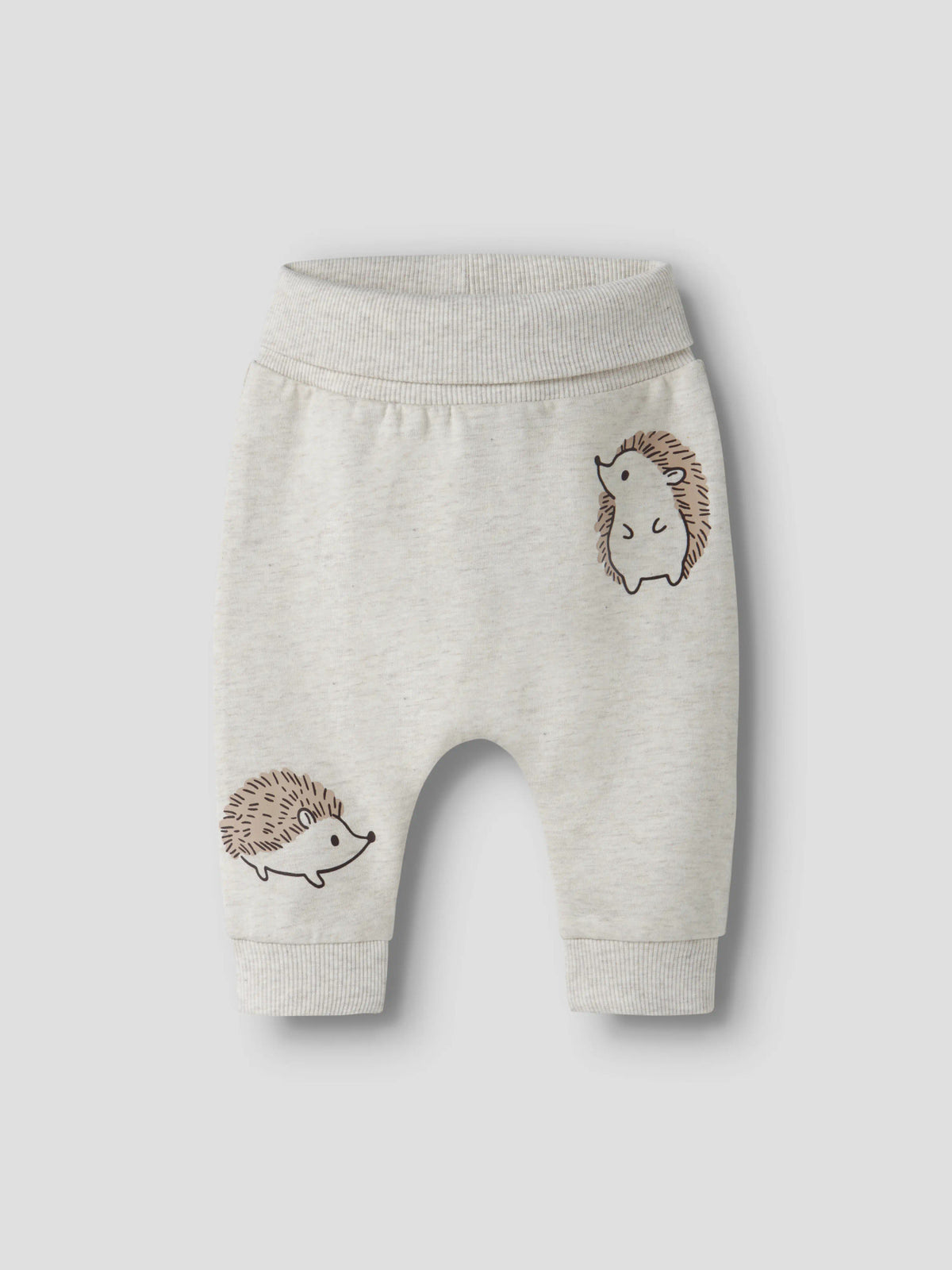 Name It Obbas beige mjukisbyxa baby unisex med igelkottar och nedvikbar midja