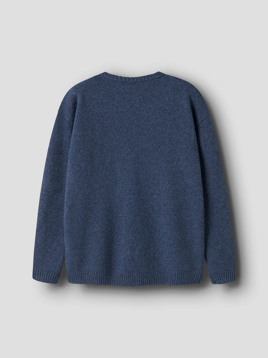 Name It Olexandr stickad tröja pojke kids melerad blå med broderad figur på bröstet