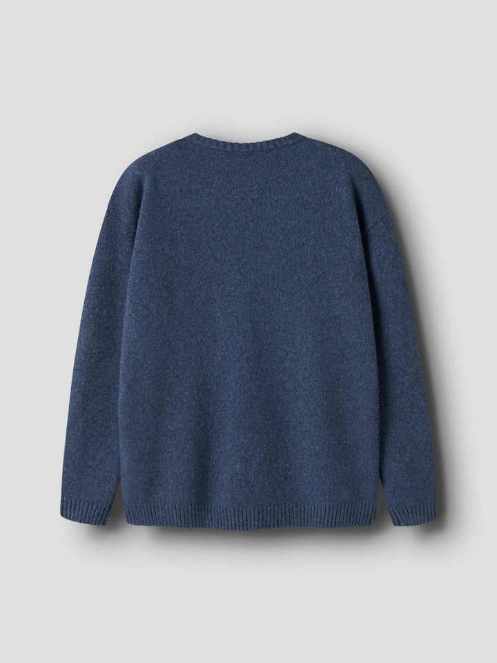 Name It Olexandr stickad tröja pojke kids melerad blå med broderad figur på bröstet