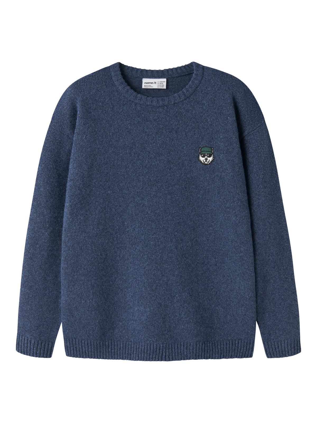 Name It Olexandr stickad tröja pojke kids melerad blå med broderad figur på bröstet