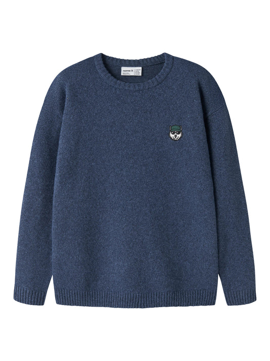 Name It Olexandr stickad tröja pojke kids melerad blå med broderad figur på bröstet
