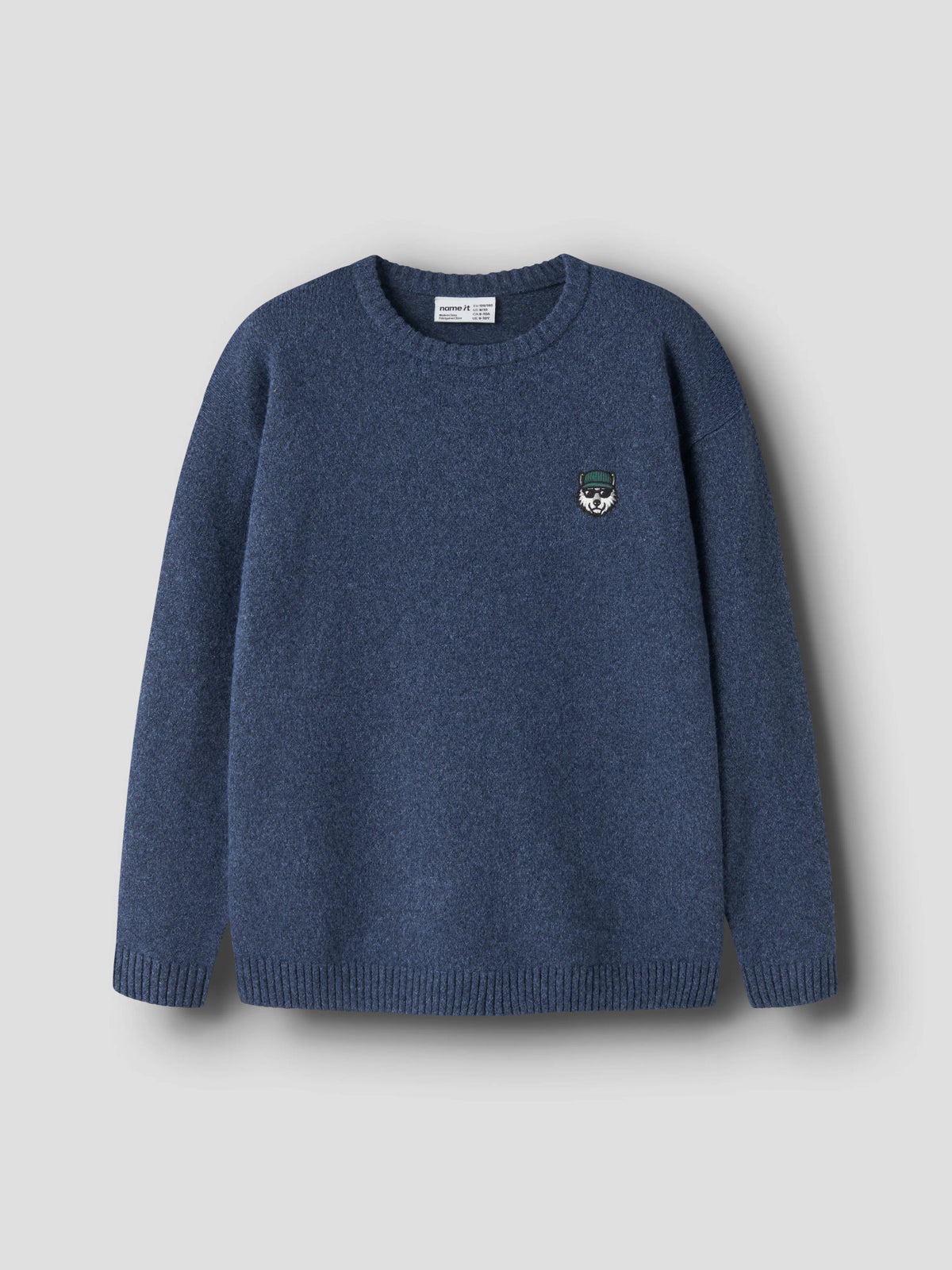 Name It Olexandr stickad tröja pojke kids melerad blå med broderad figur på bröstet