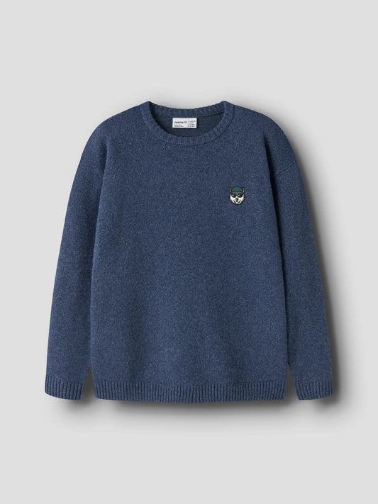 Name It Olexandr stickad tröja pojke kids melerad blå med broderad figur på bröstet