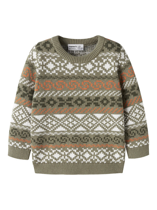 Name It Mini Olle grön stickad tröja med jacquardmönster för pojke – 13260505