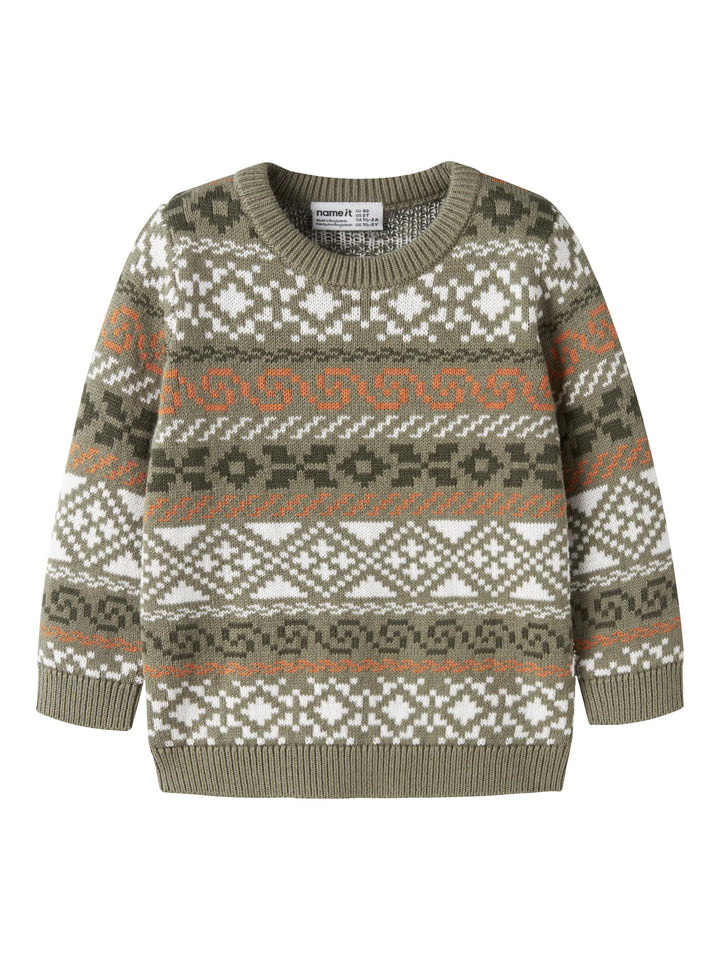 Name It Mini Olle grön stickad tröja med jacquardmönster för pojke – 13260505