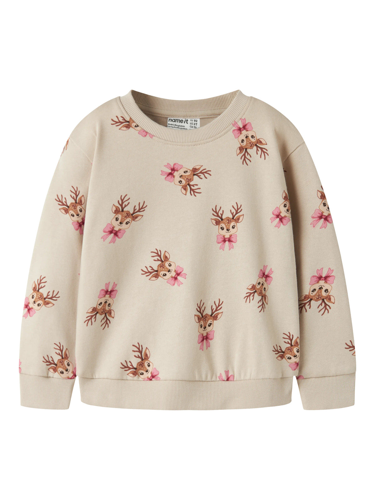 Name It Vertrud cremefärgad jultröja flicka med små rådjur och rosa rosetter