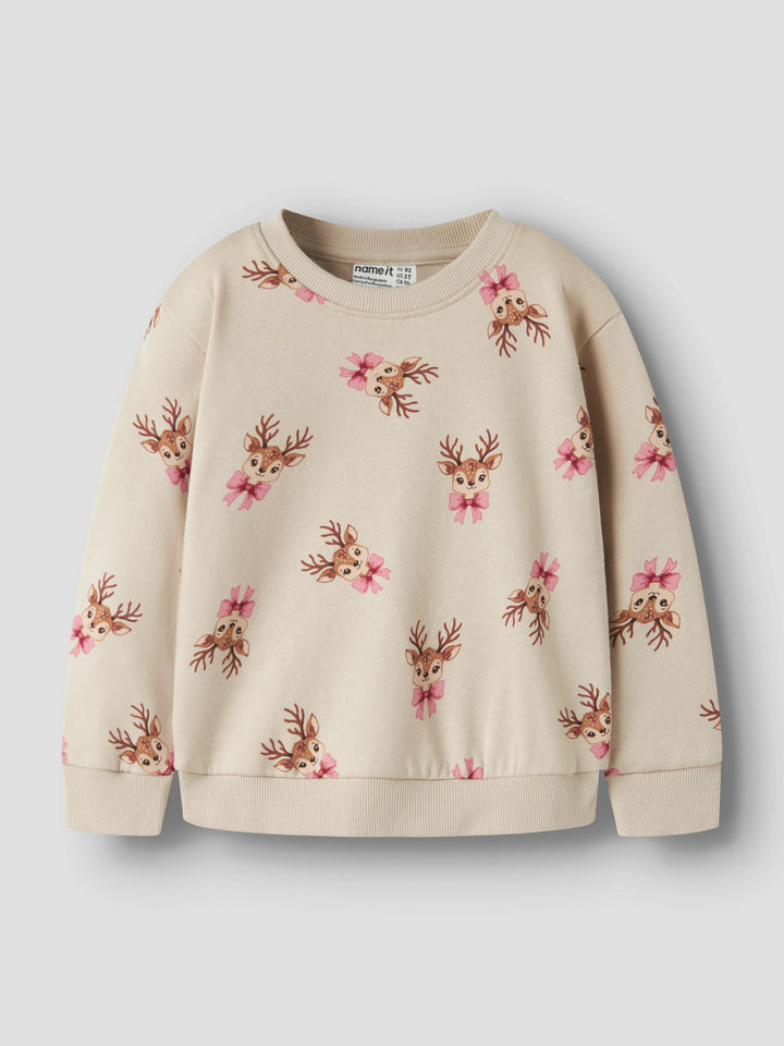 Name It Vertrud cremefärgad jultröja flicka med små rådjur och rosa rosetter
