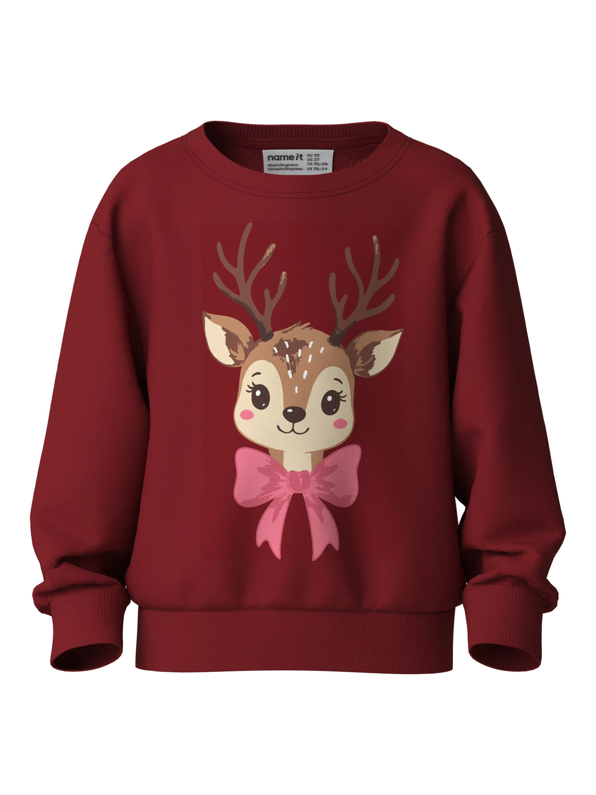 Name It Vertrud mörkröd jultröja flicka med rådjur och rosa rosett